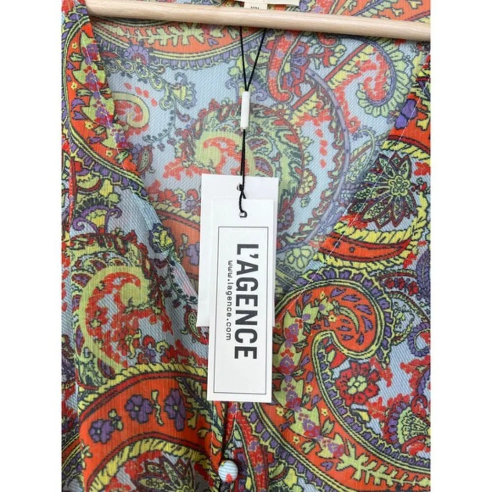 NWT L'agence Pixie Bohemian Long Sleeve Paisley Print Crepe De Chine Blouse Red - Picture 4 of 8
